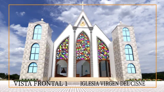 Vista frontal de la nueva iglesia con los tres arcos ojivales y el vitral central bajo el cielo azul