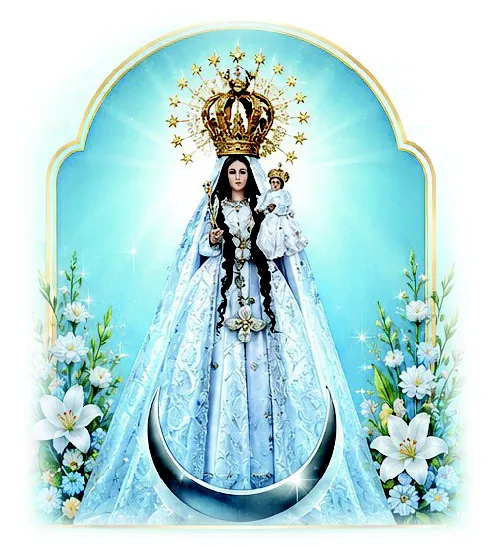 Imagen de la Virgen de El Cisne con manto celeste sobre luna creciente, enmarcada en arco dorado con azucenas